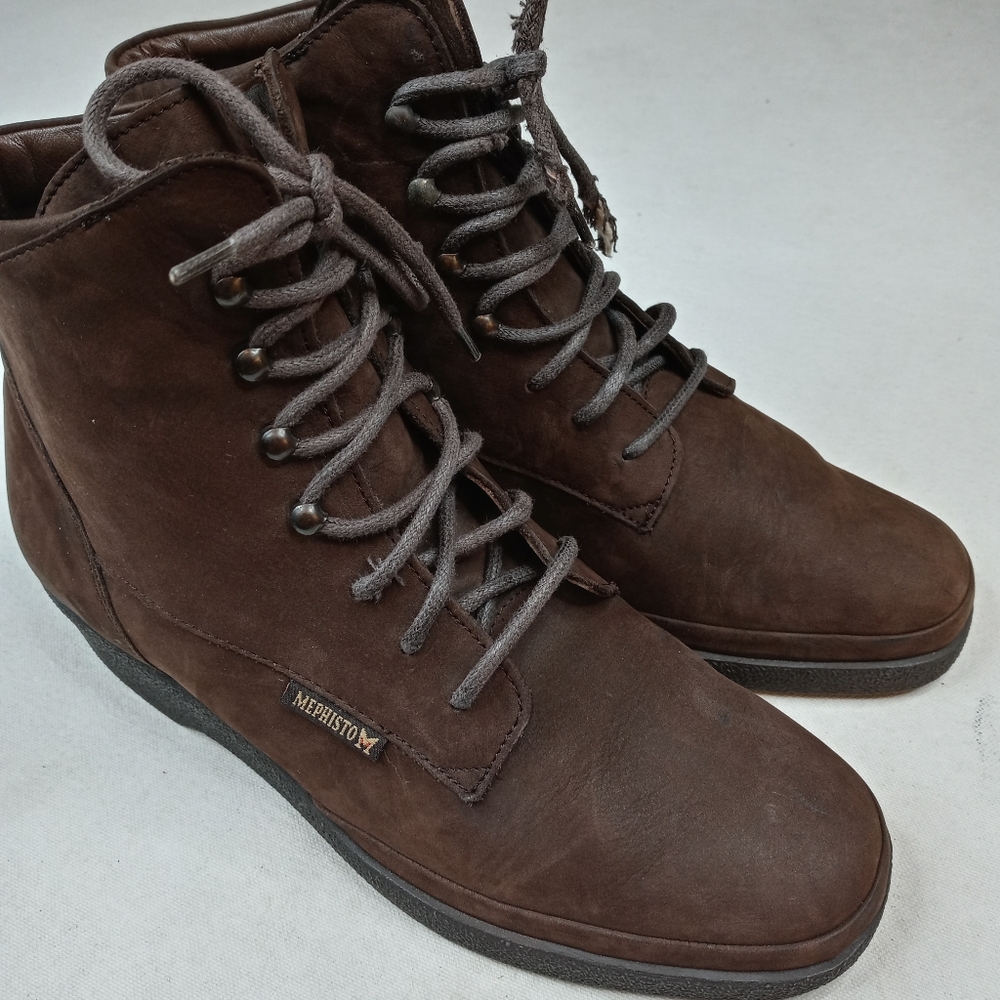 MEPHISTO Brown Suede Leather Granny Ankle Boots.
